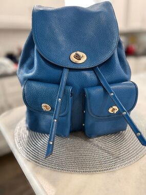 Coach Blue Pebbled Leather Backpack with Gold Hardware